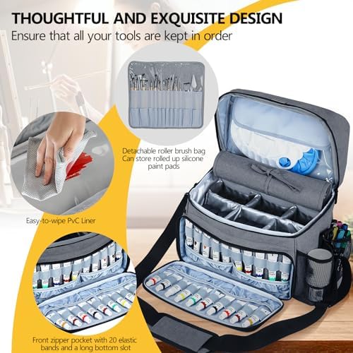 Acrylic Paint and Brush Set Organizer Bag - Carrying Case Compatible with Apple Barrel, Shuttle Art, Caliart Art Supplies - Includes Detachable Paint Brush Holder - for Travel/Outdoor Sketching (Gray)