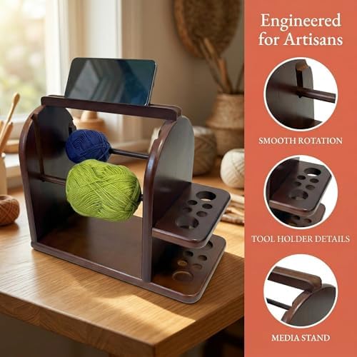 Yarn Holder for Crocheting, Wooden Yarn Spinner with Phone Stand, Dual Knitting Yarn Dispenser, Smooth Rotating Yarn Organizer with Tool Storage, Large Base Crochet Accessories Gifts for Mom