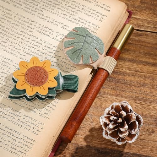 2PCS Vintage Magnetic Leather Bookmark, Leather Magnetic Bookmarks for Women,Unique Book Marks Gifts for Book Lovers， Magnetic PU Bookmarks Clip Book Accessories for Adults & Kids，Sunflower & Leaf
