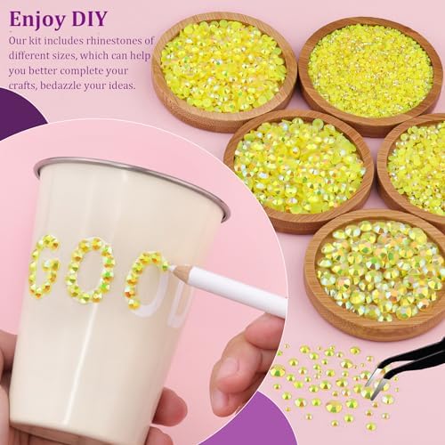Resin Jelly Rhinestones for Crafting with B7000 Jewelry Glue, 2 Boxes Lemon Yellow AB Flatback Crystals with 3Pcs 10ml Glue, Bedazzling Non Hotfix Gems for DIY Tumblers Clothing Shoes Manicure