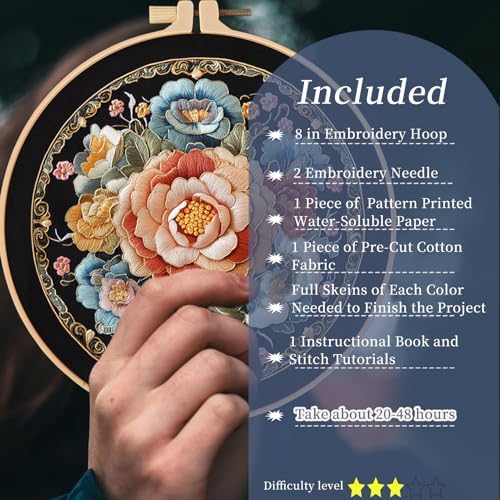 FONNUY Floral Embroidery Kit, Cross Stitch Kits for Beginners, Handmade Crafts with Printed Patterns for Beginner Adults, Easy to Follow Color Thread Needlework, 8'' Hoop (Vibrant Flowers)
