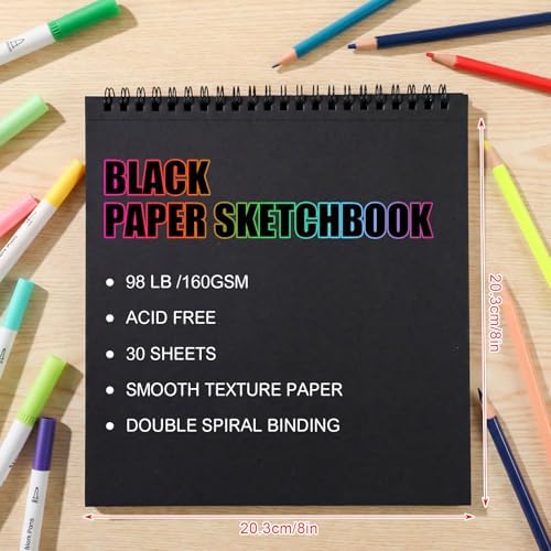 Black Paper Sketchbook 8 × 8 in, 30 Sheets, 160gsm Spiral Bound Drawing Pad | Acid-Free 98Lb Black Paper, Top Spiral, Tear-Off Pages, Hardcover, for Colored Pencil, Chalk & Metallic Markers