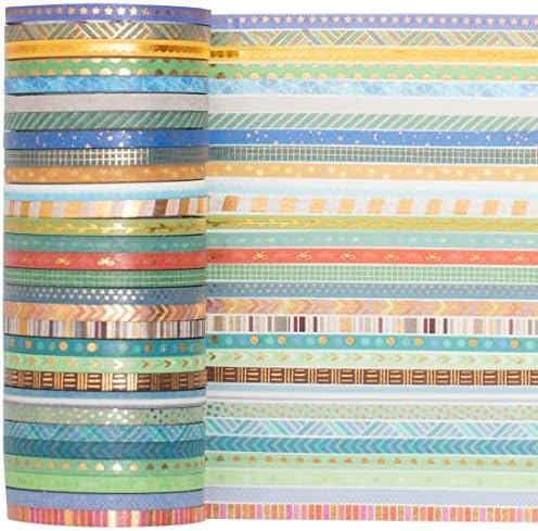 YUBBAEX 60 Rolls Skinny Washi Tape Set Gold Foil Masking Thin Basic Patterns Decorative Tapes for Arts, DIY Crafts, Journals, Planners, Scrapbook, Wrapping