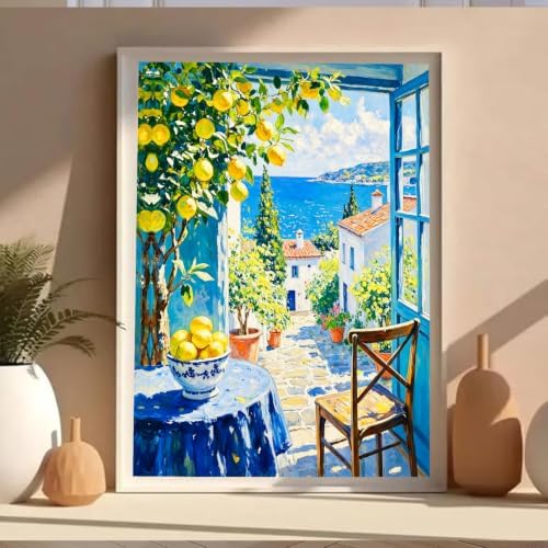 VeGuude Diamond Art Lemons Kits for Adults, Full Drill Italy Coast Wall ArtDiamond Painting Kits for Beginners, DIY Full Rhinestone 5D Diamond dots (Gemstone Craft), Home Wall Decoration (12x16 inch)
