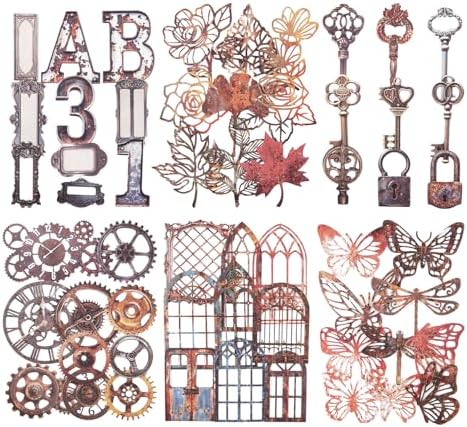 60PCS Industrial Vintage Sticker Set, Coated Paper Stickers with Rusty Gears, Keys, Frames, and Butterflies for Scrapbooking, Journaling, and DIY Crafts