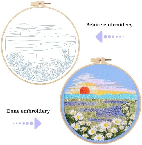 spicssa 2 PCS Embroidery Kit for Beginners, Hand Needlepoint Kits for Adults with Pre-Stamped Patterns, 7.8-Inch Hoop, Threads & Needles, Step by Step Instructions
