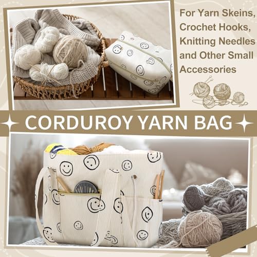 Bulyoou 2 Pcs Crochet Bag and Tote Set, Corduroy Yarn Bag with Grommets, Smile Face Crochet Project Bags Organizer for Hooks, Needles, Knitting Accessories, Gifts for Women Yarn Crafts Lovers