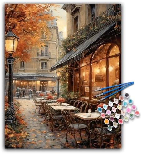 Paint by Numbers Kit for Adults, Street Cafe Acrylic Canvas Painting Set