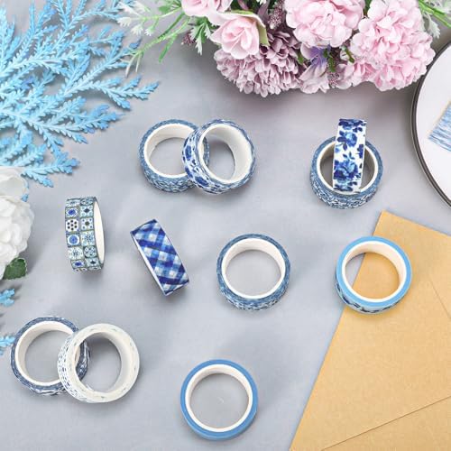 Whaline 12 Rolls Blue Floral Washi Tape Chinoiserie Masking Tape Set Toile Flower Leaves Plaid Striped Dots Decorative Wrapping Paper Tapes Boxed for Scrapbook Journal DIY Crafts