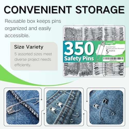 350 Pack Silver Safety Pins for Clothes 5 Assorted Sizes Strong Heavy Duty