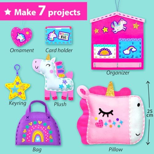 KRAFUN Unicorn Beginner Sewing Kit for Kids Age 6+ | 7 Projects