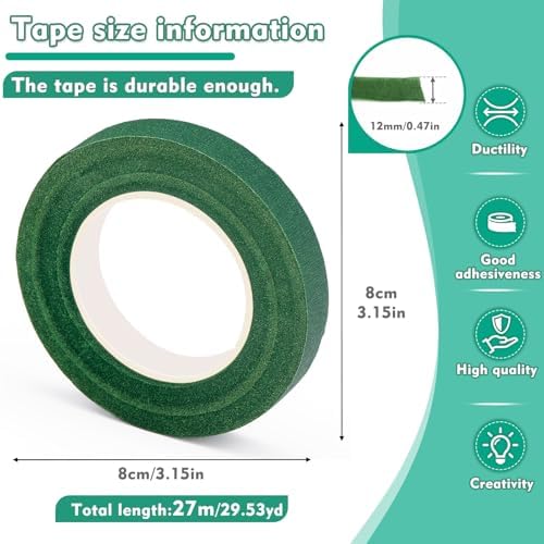 Floral Tape, 1/2inch Dark Green Flower Tape for Bouquet Floral