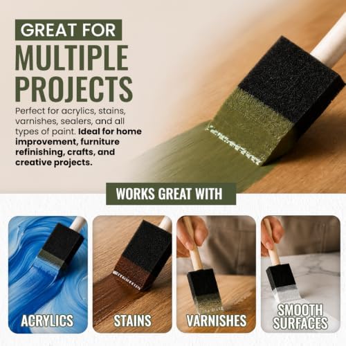 Foam Paint Brushes, 50 Pack Mixed Sizes, Sponge Paint Brushes with Wood Handles for Painting, Staining, Varnish, Acrylics, Crafts & DIY Touch Ups