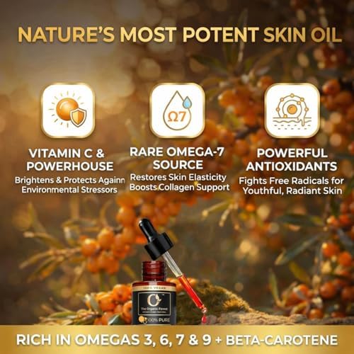 Organic Sea Buckthorn Oil Cold Pressed - 100% Pure Seabuckthorn Oil for Face, Skin & Hair | Anti-Aging, Acne & Dry Skin Care