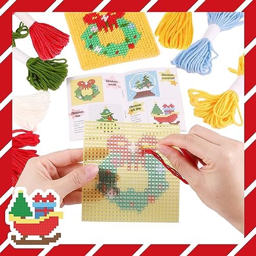 Pllieay Christmas 10-in-1 Cross Stitch Beginner Kit for Kids, Includes Instruction of 10 Different Patterns, 10 Printed Plastic canvases for Needlework, Needlepoint Starter Sewing Set