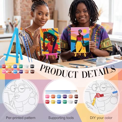 Blosssound 10 Set Pre Printed Canvas Pre Drawn Canvas Painting with Easel Kits 5" x 7" Outline Painting Panels for Beginners, DIY Craft Project, Party Favor, Home Decors(Modern Lady)