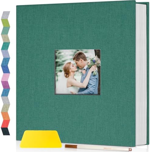 Popotop Photo Album Self Adhesive with Picture Display Window,60 Pages DIY Scrapbooking Supplies Kit for 4x6 8x10 Picture,Linen Cover Memory Book for Baby Wedding, with Scraper and Metallic Pen