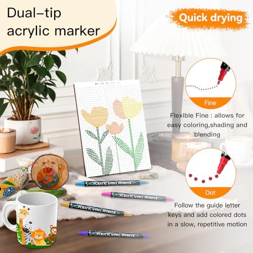 Coloring Book,Dot By Letter Art Meditations with 12 PCS Acrylic Markers,Mindfulness Adult Coloring Book-Relaxing,Anti-Stress,30 Pattern Coloring Books for Adults,Dot Art for Adults-Landscapes,Flower