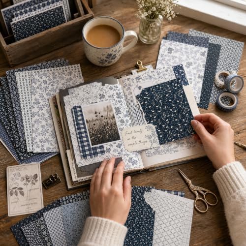 Classical Blue Double Sided Scrapbook Paper 12x12 Inch, 24 Sheets 24 Unique Patterns, 160gsm Acid Free Cardstock for Junk Journal Cardmaking Vintage Farmhouse Crafts