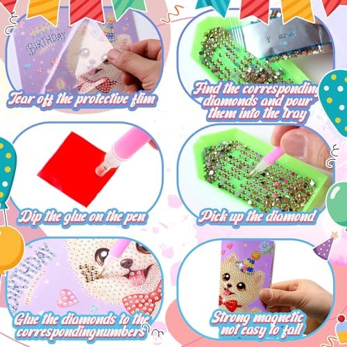 Saillong 12 Pack Happy Birthday Diamond Painting Greeting Card Kits DIY Animal Birthday Diamond Art Cards with Envelopes Cake 5D Rhinestones Painting Kits for Adults DIY Crafts Family Friend Gifts