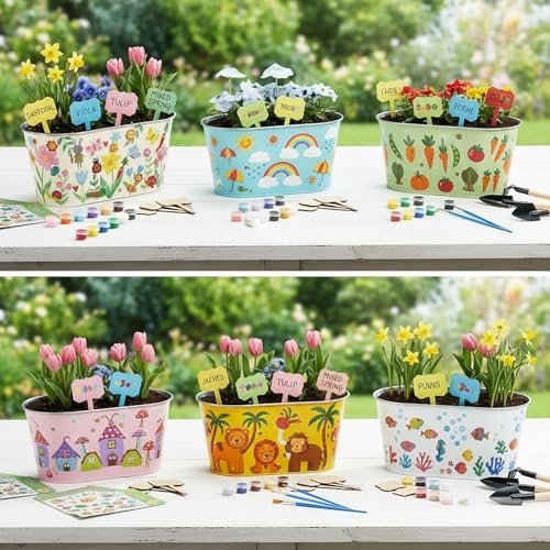 6 Sets Flower Pot Painting Kit DIY 6 Large Metal Iron Plant Pots Acrylic Paint Stickers Brushes Plant Labels Gardening Tool Kit for Planting Crafts Mother's Day Graduation Creative Gift