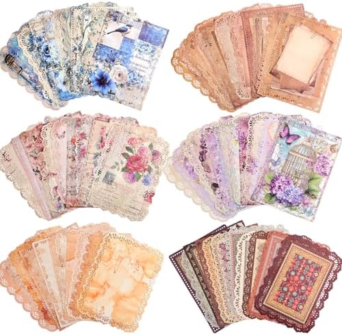 66 Sheets Lace Edged Scrapbook Paper Set, 6 Packs Vintage Decorative Paper Scrapbooking Supplies for Letter Writing Background Stationery Ephemera for Junk Journaling, DIY Art Collage 4.9x6.9 IN