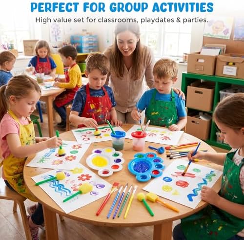 BigOtters 45PCS Kids Paint Brushes Set with Spill Proof Cups & Palettes