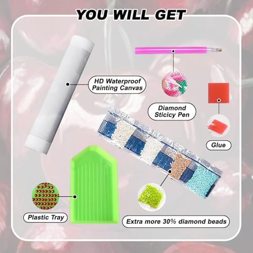AIBOERL Diamond Art Kits for Adults,Cherry Diamond Painting Wall Decor | Round Drill Cherry Diamond Painting for Beginners DIY Rhinestone 5D Diamond dots(Gemstone Craft)Wall Art Gift 12x16IN