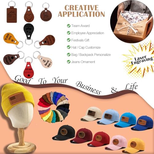 90 Pcs Lasable Engravable Blanks - Leatherette Iron on Hat Patches & PU Leather Key Fob Kit for DIY Custom Laser Engraving Craft Gifts