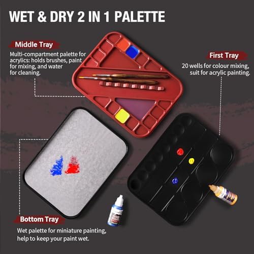 Wet Pallet for Painting Miniatures - Golden Maple 2 in 1 Dry and Wet Palette with Lid, Including 11 Miniature Paint Brushes,100PCS Palette Paper, 4PCS Sponges, Paint Brushes Holders