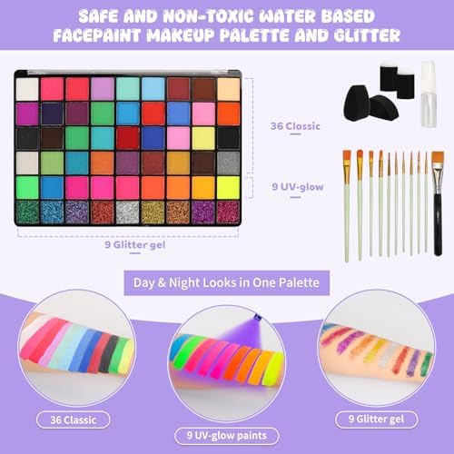 54 Color Face Painting Kit - Non-Toxic Water Based Face and Body Paint Set with Brushes, Stencils, Sponges - For Sensitive Skin, Halloween, Carnival, Birthday Parties, Festivals & Events.