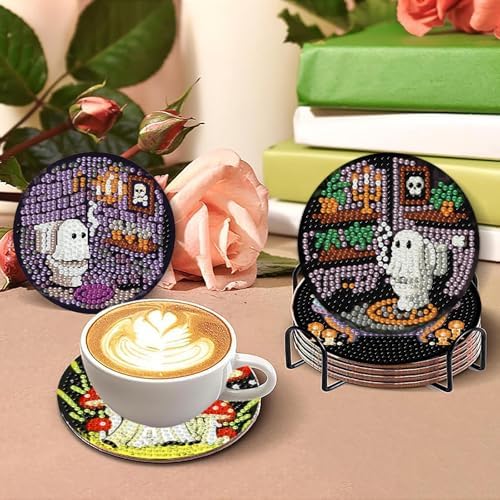 8 Pcs Ghost Diamond Art Coasters Kits for Adults,DIY Halloween Diamond Painting Coaster Kits with Holder,Crystal Full Drill Rhinestone Diamonds Art Diamond Paintings Kit Supplies