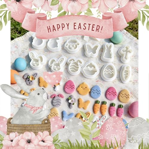 12 Pcs Easter Polymer Clay Cutters Set - Cute Bunny, Egg, Chick & Butterfly Clay Cutters for Polymer Clay Jewelry Making, Earring & Craft Supplies