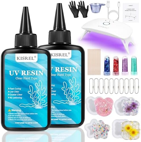 KISREL UV Resin Kit with Light and Molds - 200g Upgraded Bubble-Free Crystal Clear Hard Resina, Fast Curing Starter Supplies for DIY Jewelry Making, Earring, Keychain
