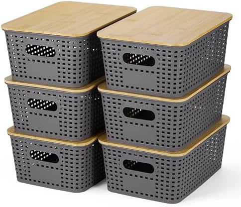 Ohmlove 6 Pack Plastic Storage Baskets with Bamboo Lids for Organization