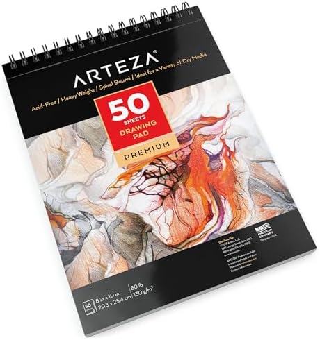 ARTEZA Drawing Paper Pad, 8 x 10 Inches, Pack of 1, 50 Sheets, Spiral Bound Artist Drawing Books, Durable Acid Free White Sketch Paper