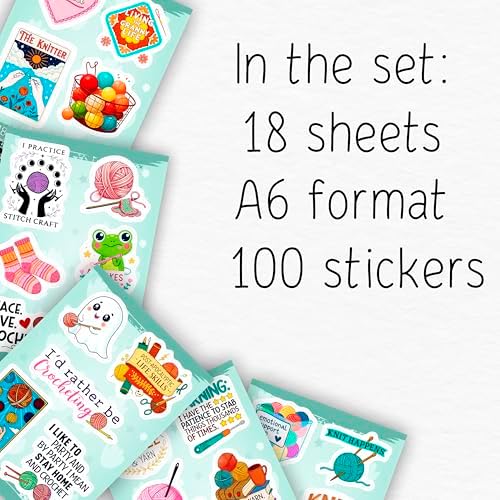 100Pcs Crochet Stickers for Water Bottle, Laptop - Knitting Stickers Vinyl Waterproof - Crochet Gifts for Crocheters - Gift for Women & Men
