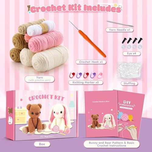 Bunny and Bear Crochet Kit for Beginners 2PCS Crochet Starter Kit for Adult