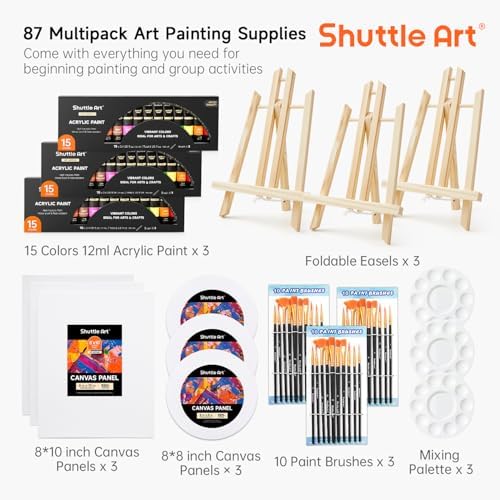 Shuttle Art 87 Pack Acrylic Painting Kit, Paint Kit with 3 Packs 15-Color Acrylic Paint, 3 Wooden Easels, Canvas, Brushes & Palettes, Art Painting Supplies for Adults, Kids & Beginners