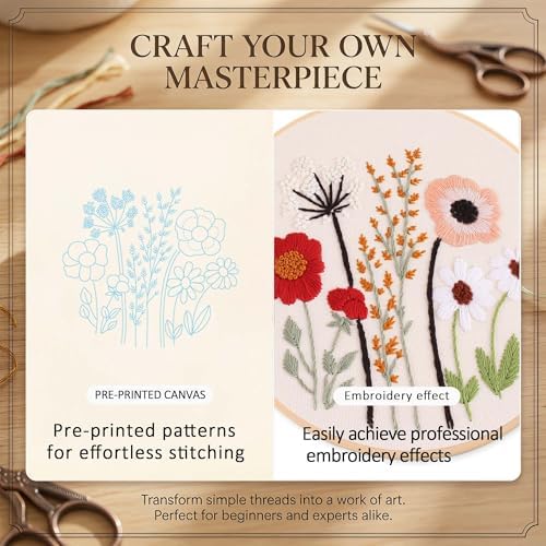 Harimau Adult Beginner Embroidery Starter Kit, Complete Set with 4 Patterns, 2 Hoops, Needles, Scissors, Instruction Guide & Stitching Video Tutorials