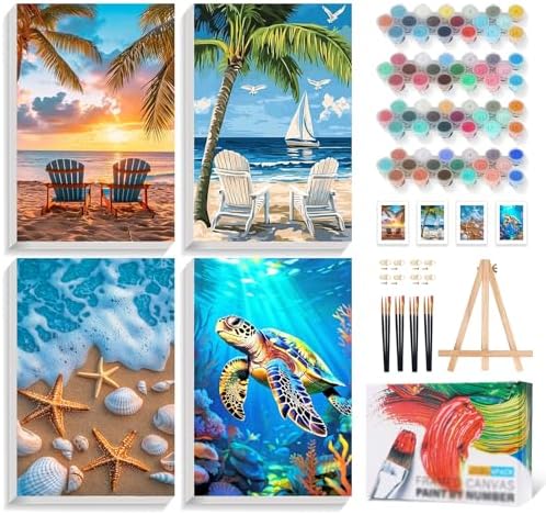 4 Pack Framed Paint by Numbers Kit for Adults with Wooden Easel, Beach | With Frame, Sea Turtle DIY Acrylic Painting, For Adults Beginner, Stress Relief Craft Kits, Home Wall Decor Gift, 8x12 IN