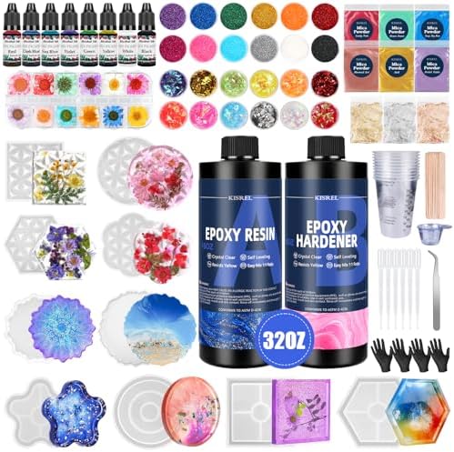 KISREL Epoxy Resin Kit for Beginners, 32oz Resin Kit with Coaster Molds, Complete Accessories Include Pigment, Mica Powders, Dried Flowers, Glitter, Measuring Cups and Other Resina Supplie
