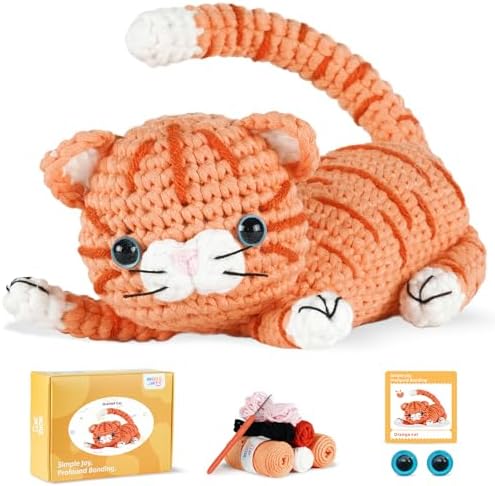 MOREJMTT Crochet kit for Beginners Adults, Learn to Crochet, Include Easy Knitting Soft Yarn, Step-by-Step Video Tutorial, Hook, Holiday Birthday Gift (Orange cat)