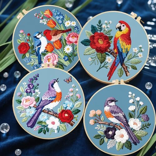 FREEBLOSS 4 Sets Embroidery Kit for Beginners Needlepoint Birds&Wreath Stamped Embroidery Starter Kit with Instructions, Needles, Threads, 2 Hoops 11.6"/29.5CM