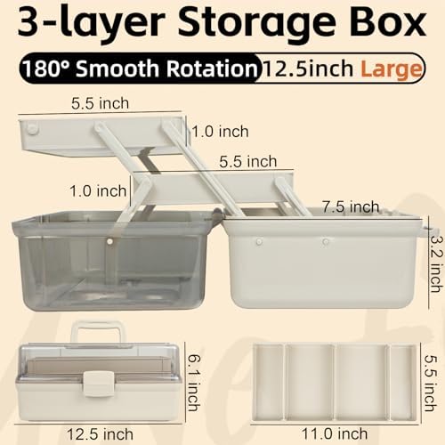 TERGOO 12.5in 3-Layer Multipurpose Craft Organizers and Storage with Adjustable Dividers, Portable Tackle Box, Folding Art & Craft Case for Medicine, Tool, Sewing Organizer (Brown)