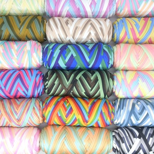 Tshirt Yarn for Crocheting,Rainbow T Shirt Chunky Elastic Fabric Thick T-Shirt Crochet Yarn for Beginners Crocheting Hand Knitting Bag/Basket/Coasters/DIY Crafts/Home Decor 200G-Bright Rainbow