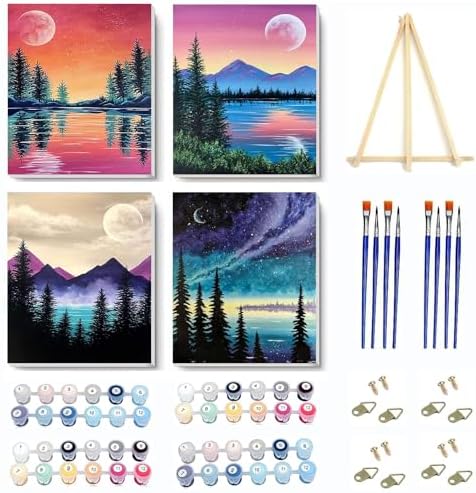 4 Pack Paint by Numbers Kit for Adults Framed Canvas with Wooden Easel
