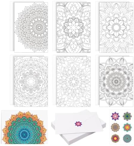 Gueevin 24 Pcs Mandala Coloring Greeting Cards with Envelopes and Stickers Floral Color Your Own Postcards 4 x 6 Flower Thank You Note Cards for Adults Wedding Birthday Gifting DIY Crafts Mailing