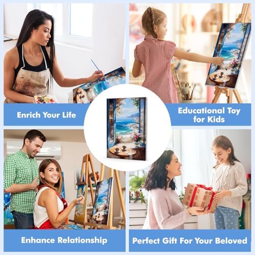 Bowetile Framed Landscape Paint by Numbers Kit for Adults, Adults' Paint-by-Number Kits on Canvas, Painting by Numbers Seaside, Acrylic Number Painting for Home Wall Decor, 8x12in