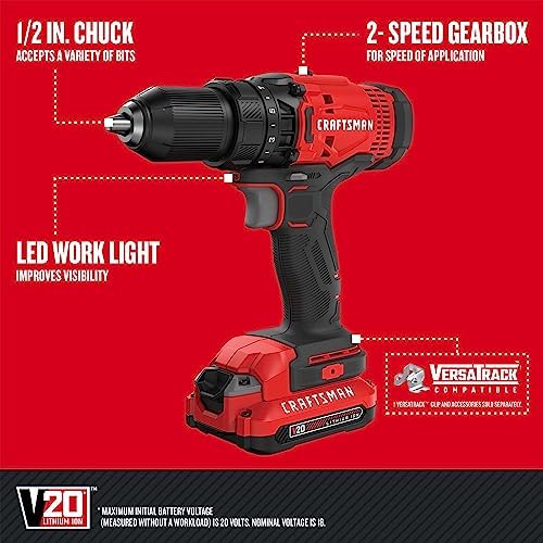 CRAFTSMAN V20 MAX Cordless Drill Driver and Impact Driver Set, Power Tool Set with 2 Batteries and Charger, LED Work Light, 2 Bits, Bag (CMCK200C2)